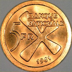 Reverse of 1961 Katangan 5 Francs